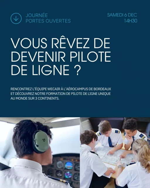 [ ✈️ JOURNÉE PORTES OUVERTES ]Vous rêvez de devenir pilote de ligne ?Faites le premier pas et plongez dans l’univers de l’aviation lors de notre Journée Portes Ouvertes !Venez rencontrer l'équipe WECAIR pour comprendre les étapes, les pré-requis et les opportunités d’une carrière internationale de pilote de ligne.📆 Samedi 6 décembre🕛 14h30📍 Site Aérocampus de BordeauxAu programme :✅ Présentation de l’école WECAIR et du métier de pilote de ligne✅ Zoom sur la formation internationale Flyfirst✅ Informations sur les admissions, le financement et les débouchés✅ Questions/réponses avec notre équipe✅ Visite de l’Aérocampus📝 Inscription gratuite. Lien dans la bio.#wecair #wecairpilotschool #pilotstudent #aviation #pilotschool #becomeapilot #jpo @aerocampus #ppl #formationpilote #ecole