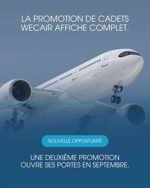 Notre première promotion de cadets Wecair pour septembre affiche complet.Face à une demande exceptionnelle, nous avons ouvert une deuxième promotion. Il ne reste que quelques places.✈️ La prochaine place pourrait être la vôtre !#wecair #pilotschool #studentpilot #becomeapilot #cadets